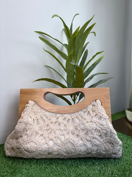 Bolso Crochet Beige Asa Madera