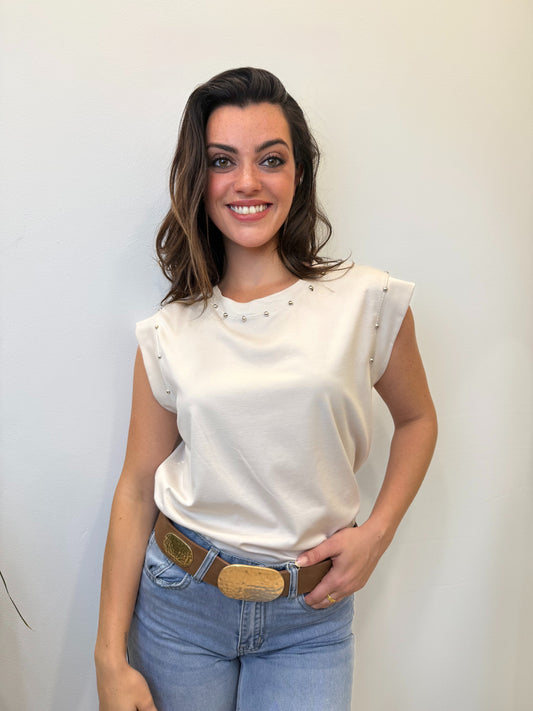 Camiseta Básica Tachas Beige